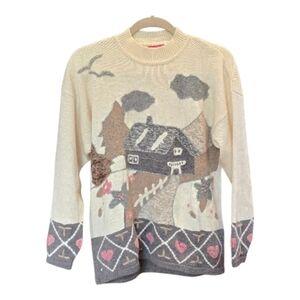 Cozy Cottage Scene Sweater - Cream and Gray